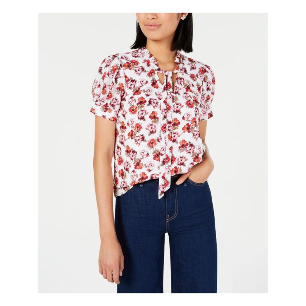 MAISON JULES Womens White Ruffled Floral Short Sleeve Tie Neck Top XS